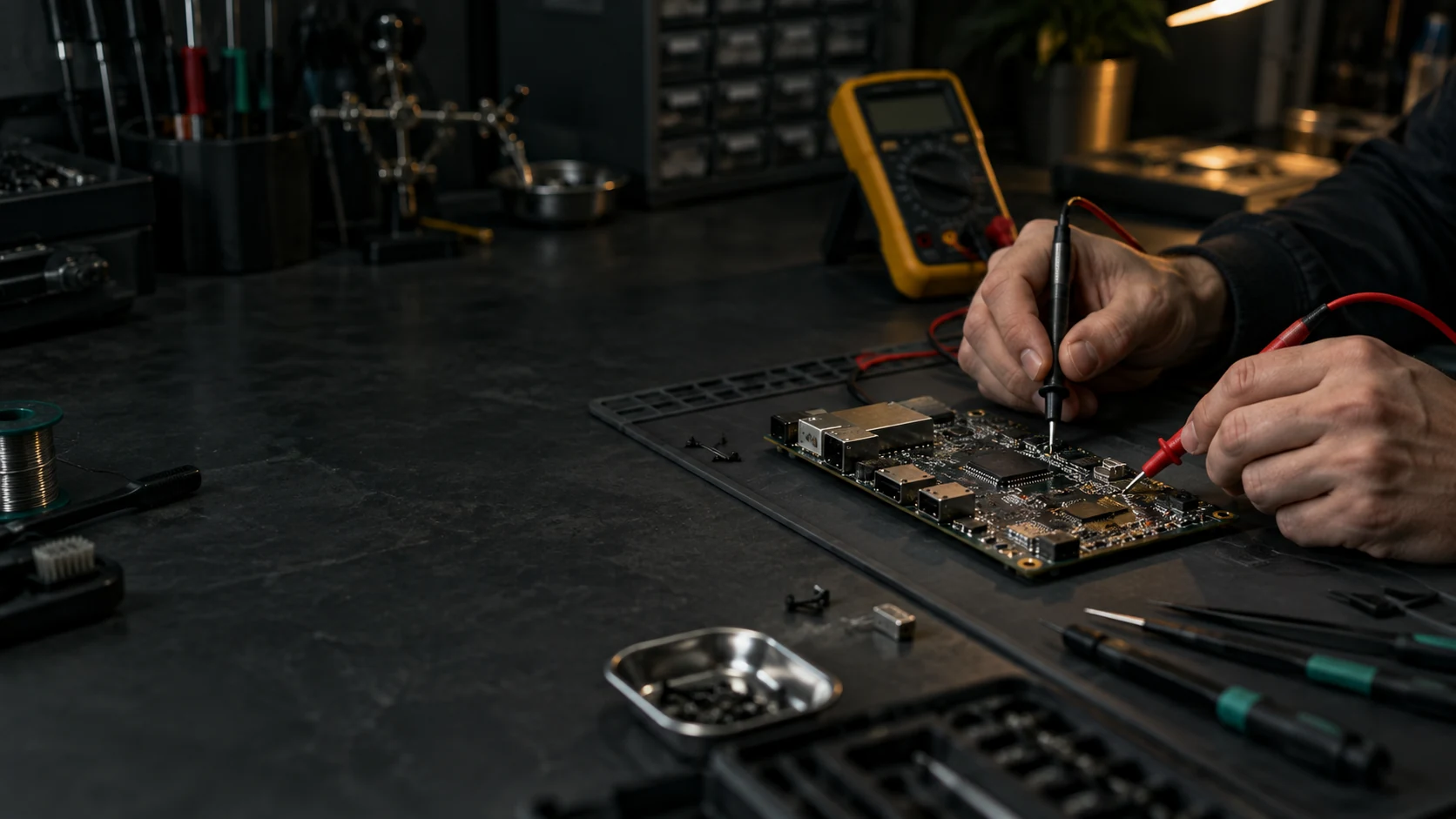 Detail měření elektronické desky – ilustrační fotografie
